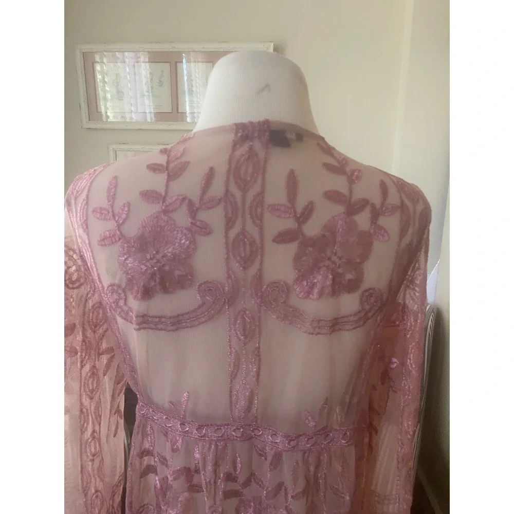 Haute Monde‎ swim coverup Sz S  Mesh pink embroidery Sheer Tassel Tie Kimono